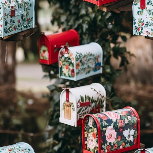 boho aesthetic trendy colorful Christmas mailboxes, farmhouse aesthetic, --tile --style raw