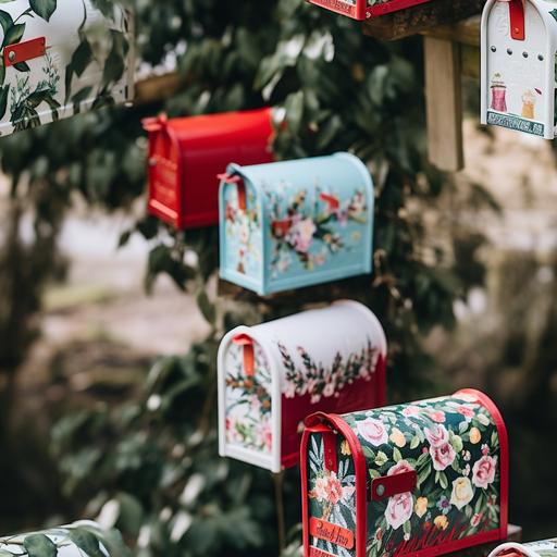 boho aesthetic trendy colorful Christmas mailboxes, farmhouse aesthetic, --tile --style raw