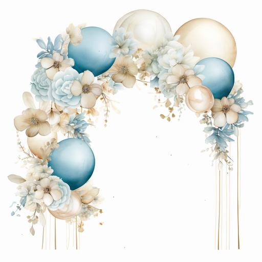 boho beige and white watercolor arch with light blue and beige balloons and flowers, white background