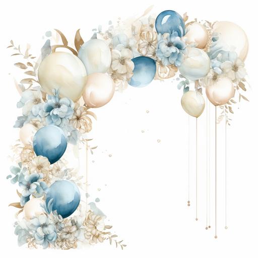 boho beige and white watercolor arch with light blue and beige balloons and flowers, white background