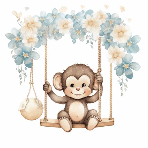 boho beige and white watercolor cute kawaii baby monkey taking a swing ride hanging on with blue and beige balloons and flowers, white background