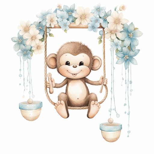 boho beige and white watercolor cute kawaii baby monkey taking a swing ride hanging on with blue and beige balloons and flowers, white background