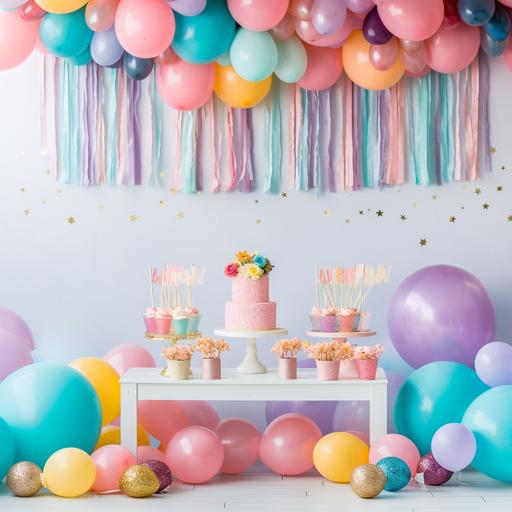 boho birthday party background for kids with party decors, rainbow,balloons,confetti 5k image