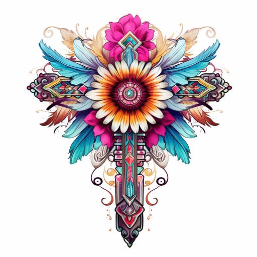 boho cross with feathers, flowers, aztec design