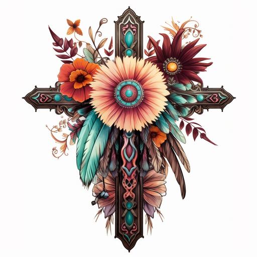 boho cross with feathers, flowers, aztec design
