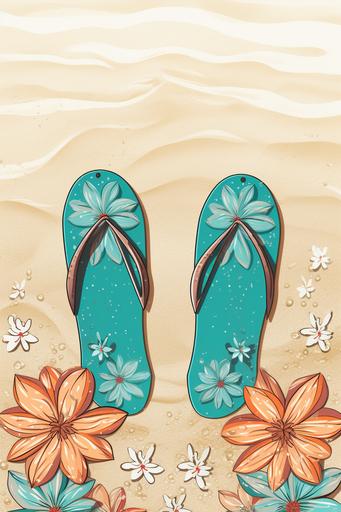 boho flip flops on the sand aerial view turquoise color vector graphic style for junk journal page --ar 2:3