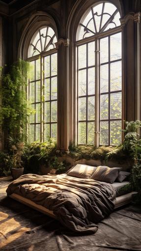 boho gothic style, bedroom design, inside vegetation, big gothic windows, comfy bed, indorplants, golden vintage details green and gray color pallette early morning light, , cinematic lighting, cinematography, 8k, texture, depth of view, photorealistic, depth of field, 35mm photo, Super-Resolution, hyper realistic, photography award, STYLIZE 1000 --q 2 --s 771 --v 5.1 --ar 9:16