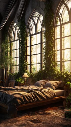 boho gothic style, bedroom design, inside vegetation, big gothic windows, comfy bed, indorplants, golden vintage details green and gray color pallette early morning light, , cinematic lighting, cinematography, 8k, texture, depth of view, photorealistic, depth of field, 35mm photo, Super-Resolution, hyper realistic, photography award, STYLIZE 1000 --q 2 --s 771 --v 5.1 --ar 9:16