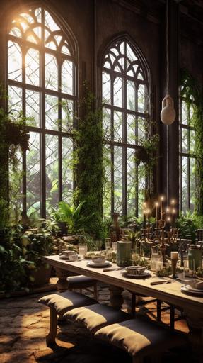 boho gothic style, dining room design, inside vegetation, big gothic windows, comfy bed, indorplants, golden vintage details green and gray color pallette early morning light, , cinematic lighting, cinematography, 8k, texture, depth of view, photorealistic, depth of field, 35mm photo, Super-Resolution, hyper realistic, photography award, STYLIZE 1000 --q 2 --s 771 --v 5.1 --ar 9:16