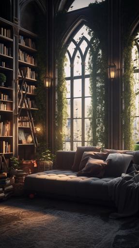 boho gothic style, library design, inside vegetation, big gothic windows, comfy bed, indorplants, golden vintage details green and gray color pallette early morning light, , cinematic lighting, cinematography, 8k, texture, depth of view, photorealistic, depth of field, 35mm photo, Super-Resolution, hyper realistic, photography award, STYLIZE 1000 --q 2 --s 771 --v 5.1 --ar 9:16