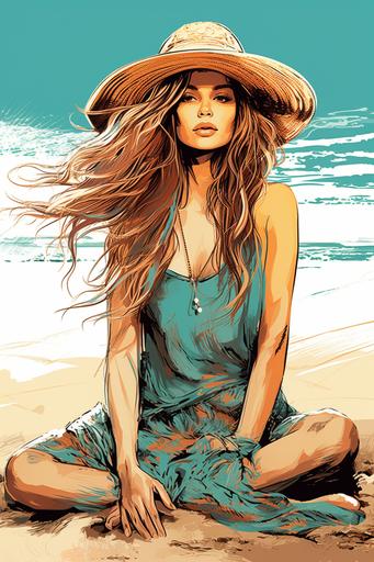 boho hippie beautiful girl on the beach turquoise color vector graphic style for junk journal page --ar 2:3 --v 5.2