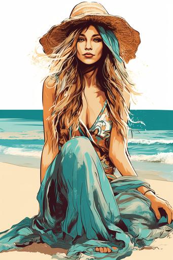 boho hippie beautiful girl on the beach turquoise color vector graphic style for junk journal page --ar 2:3 --v 5.2