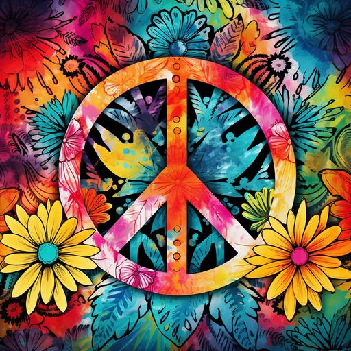 boho hippie graphic with peace signs and flowers with complementary tie die background