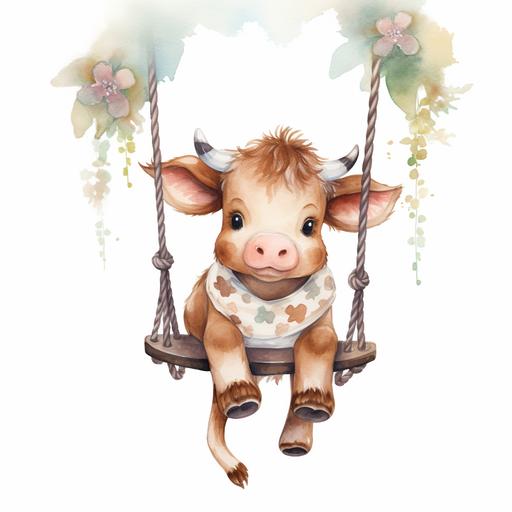 boho pastel watercolor cute kawaii baby cow sitting taking a swing ride hanging on farm