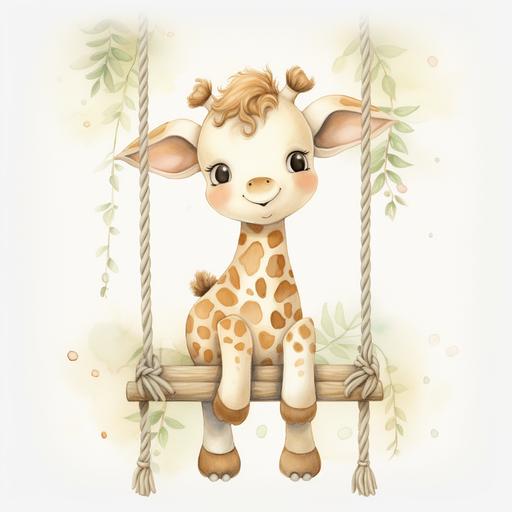 boho white and beige watercolor cute kawaii baby giraffe taking a swing ride