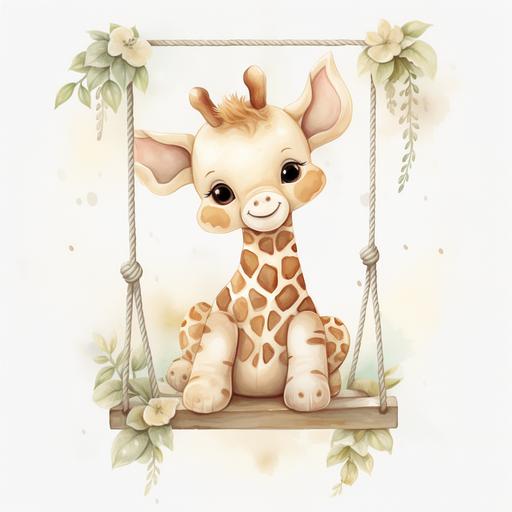 boho white and beige watercolor cute kawaii baby giraffe taking a swing ride