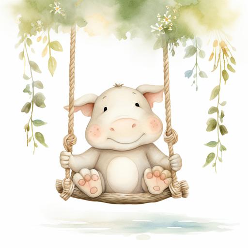 boho white and beige watercolor cute kawaii baby stuffed animal hippo taking a swing ride