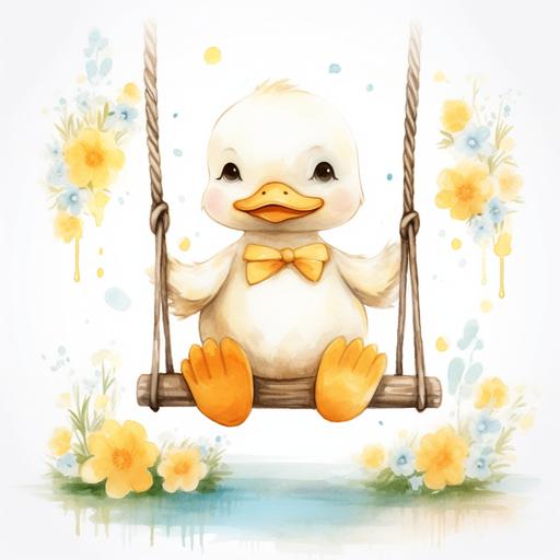 boho white and beige watercolor cute kawaii one yellow duck sitting in a row on a swing
