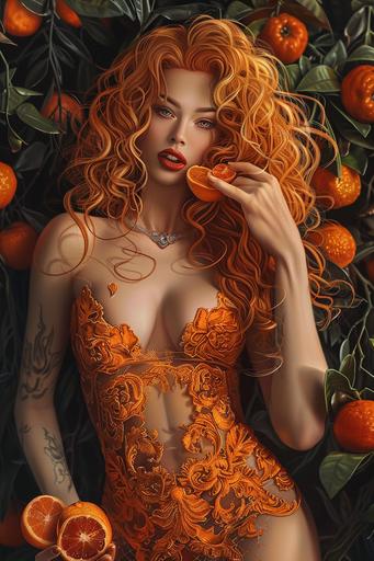 boichi style manga illustration, unparalleled beauty, american model, hourglass figure, emphasize fat on chest, wide hips, long curly orange hair, full heart shaped shiny glossy lips, formal burnt orange lace dress, eating oranges --v 6.0 --ar 2:3
