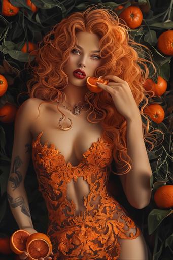 boichi style manga illustration, unparalleled beauty, american model, hourglass figure, emphasize fat on chest, wide hips, long curly orange hair, full heart shaped shiny glossy lips, formal burnt orange lace dress, eating oranges --v 6.0 --ar 2:3