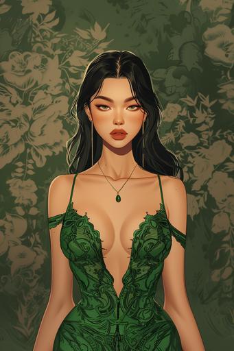 boichi style manga illustration, unparalleled beauty, cambodian model, hourglass figure, emphasize fat on chest, wide hips, straight hair, full lips, two tone lip gloss, formal green lace cocktail dress --v 6.0 --ar 2:3