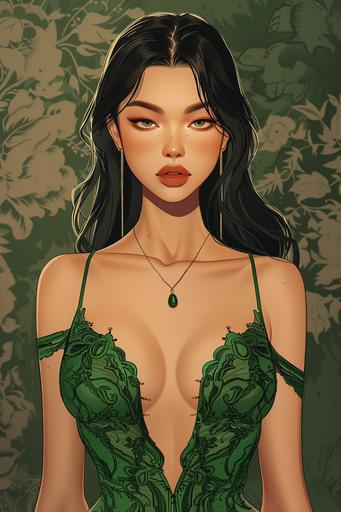 boichi style manga illustration, unparalleled beauty, cambodian model, hourglass figure, emphasize fat on chest, wide hips, straight hair, full lips, two tone lip gloss, formal green lace cocktail dress --v 6.0 --ar 2:3