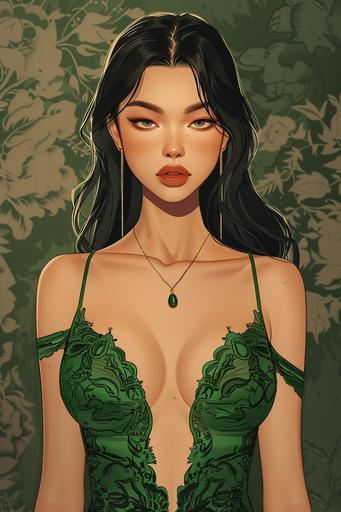 boichi style manga illustration, unparalleled beauty, cambodian model, hourglass figure, emphasize fat on chest, wide hips, straight hair, full lips, two tone lip gloss, formal green lace cocktail dress --v 6.0 --ar 2:3