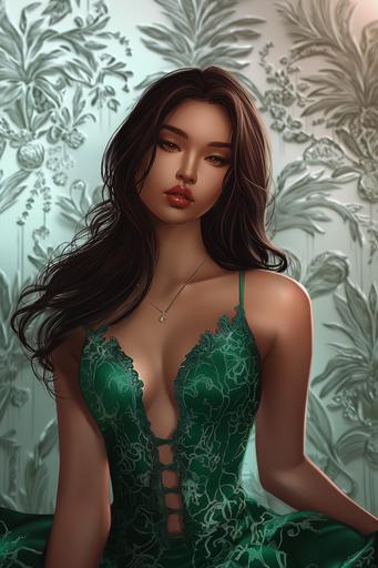 boichi style manga illustration, unparalleled beauty, cambodian model, hourglass figure, emphasize fat on chest, wide hips, straight hair, full lips, two tone lip gloss, formal green lace cocktail dress --v 6.0 --ar 2:3