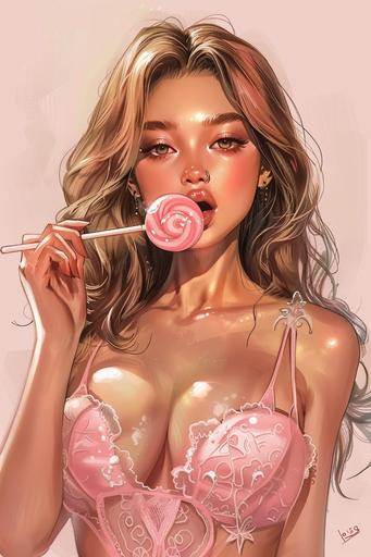 boichi style manga illustration, unparalleled beauty, cambodian model, hourglass figure, emphasize fat on chest, wide hips, straight brown hair with blonde ends, full heart shaped shiny glossy lips, formal pink lace dress, tasting pink lollipop --v 6.0 --ar 2:3