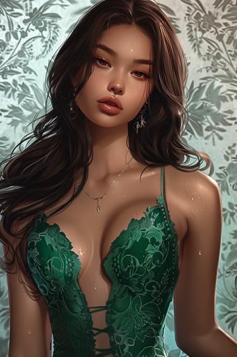 boichi style manga illustration, unparalleled beauty, cambodian model, hourglass figure, emphasize fat on chest, wide hips, straight hair, full lips, two tone lip gloss, formal green lace cocktail dress --v 6.0 --ar 2:3