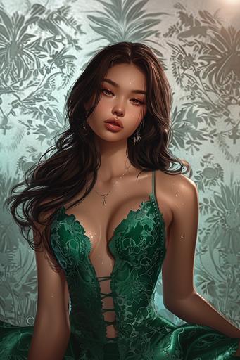 boichi style manga illustration, unparalleled beauty, cambodian model, hourglass figure, emphasize fat on chest, wide hips, straight hair, full lips, two tone lip gloss, formal green lace cocktail dress --v 6.0 --ar 2:3