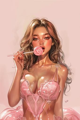 boichi style manga illustration, unparalleled beauty, cambodian model, hourglass figure, emphasize fat on chest, wide hips, straight brown hair with blonde ends, full heart shaped shiny glossy lips, formal pink lace dress, tasting pink lollipop --v 6.0 --ar 2:3