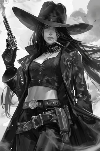 boichi style manga illustration, unparalleled beauty, japanese model, emphasize fat on chest, emphasize wide hips, long hair, black trench coat and black cowgirl hat, model is tipping cowgirl hat while holding smoking colt 45 revolver, grayscale --v 6.0 --ar 2:3