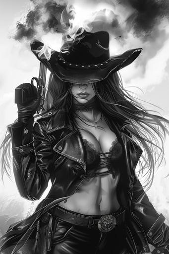 boichi style manga illustration, unparalleled beauty, japanese model, emphasize fat on chest, emphasize wide hips, long hair, black trench coat and black cowgirl hat, model is tipping cowgirl hat while holding smoking colt 45 revolver, grayscale --v 6.0 --ar 2:3