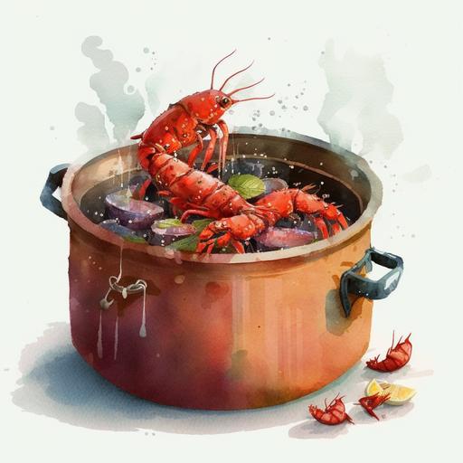 boiled crawfish in a pot. watercolor children's book. simple. no eyes. delicious