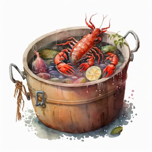 boiled crawfish in a pot. watercolor children's book. simple. delicious