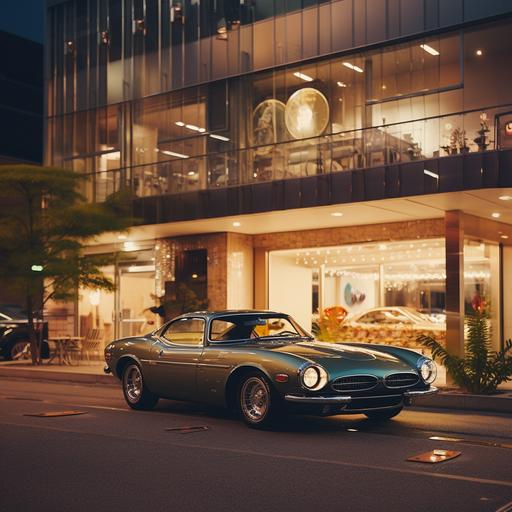 bokeh japanese lofi retro space city style architectural apartment building with 1960's exotic car showroom at ground level muted colors raw image c-40