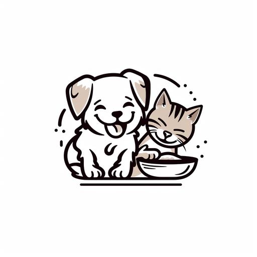 bold line graphic logo of a cute cat and dog eating, minimalism, line art, flat illustration, black line and white background, head closeup, simplified and stylized, doodle, brief stroke