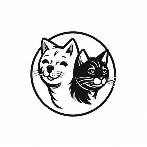 bold line graphic logo of a cute cat and dog playing, minimalism, line art, flat illustration, black line and white background, head closeup, simplified and stylized, doodle, brief stroke