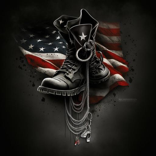 US flag with veteran shoes and necklace tag gothic