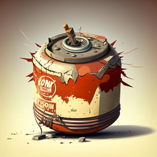 bomb made out of a tuna can and dynamite, cartoon style, rusty , oil