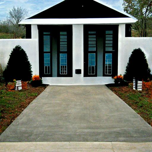 large modern 5000 sqft white painted brickhouse, large wrap around porch, two rocking chairs and large porch swing near front door,black shudders, two large windows, black two door garage,black barn door styled garage doors, gravel drive way, black front door, fancy shaped bushes, two resting cane carso dogs lay in large front yard