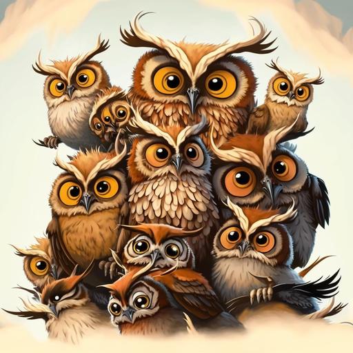 pile of cartoon horned owls --v 4 --s 1000