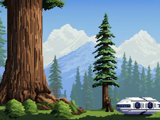 pixelart, sleek white spaceship with glass-domed cockpit & conspicuous thrusters at rear, sat on grass, facing sequoia with a cartoon sleeping face on its trunk --style 2qpujNYethAyMMQ6Bkt1uFWGn --s 222 --ar 4:3