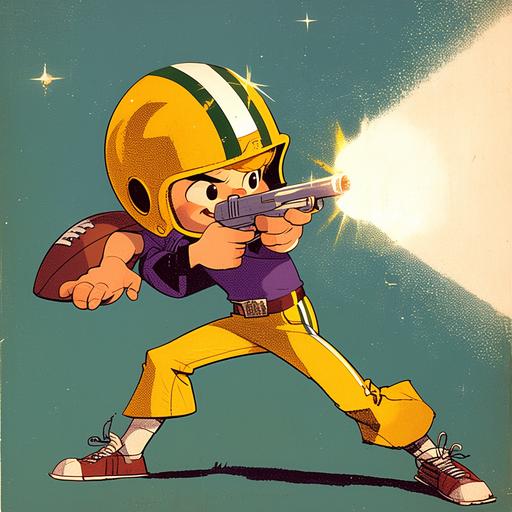 retro halftone comic book panel, young boy on a weird planet with a laser pistol, wearing a yellow football helmet with a green stripe, square wristwatch, purple t-shirt, jeans, & red sneakers. cartoon style of jeff smith, walt kelly, ub iwerks, carl barks:: kid in a green bay packers helmet, halftone print, pointillist, ben day dots, dithered::0.8 --style raw --niji 6 --no visor, glass --q 0.5 --c 6.5 --s 270