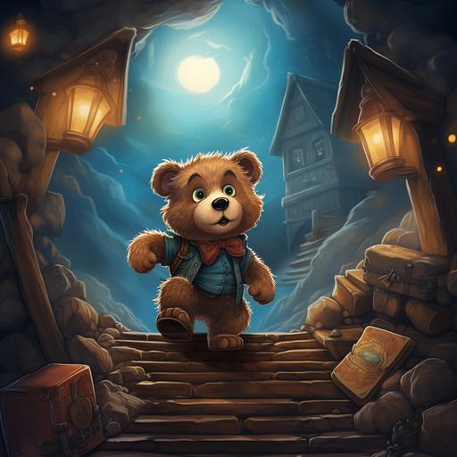 book cover for children book called mysterious step with a bear cartoon drawing