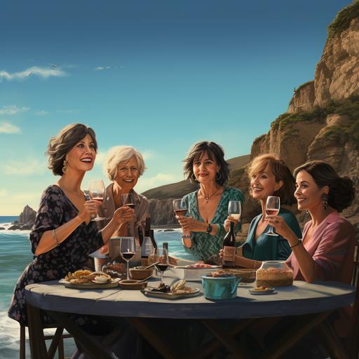 book cover style image of 5 very mature women around a table overlooking turquoise sea cliffs and beach, the table is littered with wine bottles