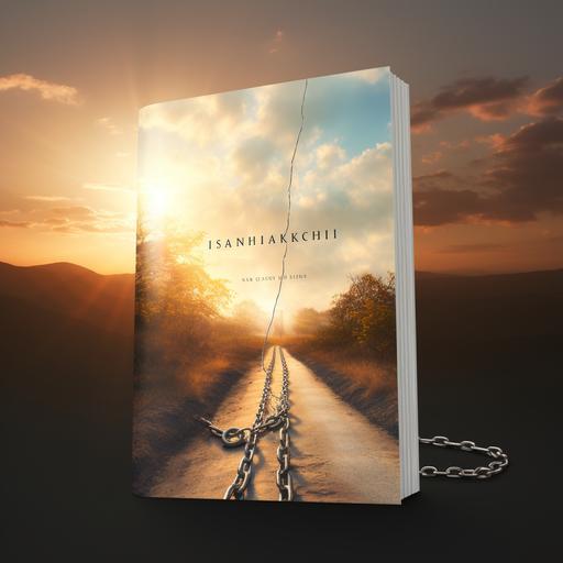 book cover with title (Unshackled) and author, illustrate a pair of broken chains or shackles, symbolizing liberation and freedom. Background a path leading to a cross or a horizon with rising sun. soft ethereal light shining down. Soft blues, whites, and golds earth tones for the path or journey. Minimalist