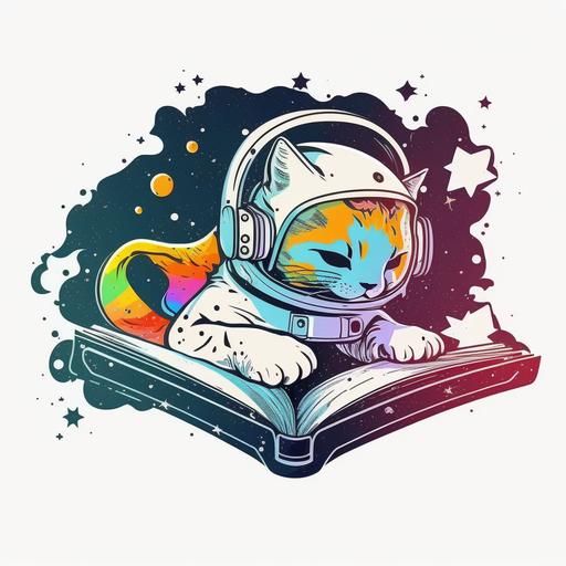 book logo, galactic coloring astronaut cat with a space gun, minimal design, vector, simple, flat, transparent background --v 4 --q 2