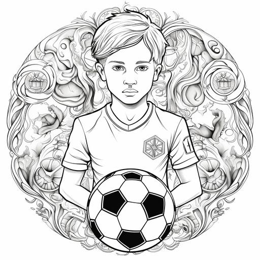 coloring book pages in black and white, football boy thematic, detailed mandala, creative, without shading